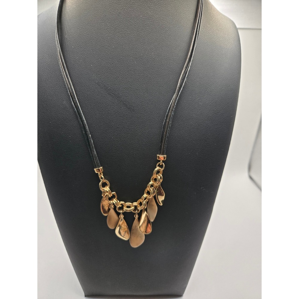 Lia Sophia Gold Tone Teardrop Bib Necklace Black Cord Triple Strand Mixed Finish